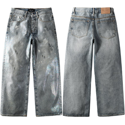 Jean ample tendance pour homme en denim bleu clair avec brillance holographique et base vintage délavée 108 