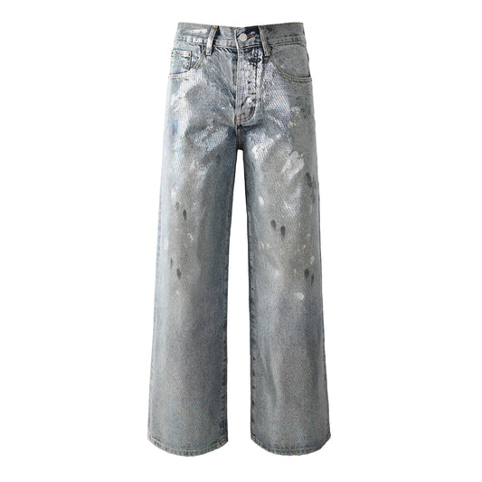 Vaqueros holgados de moda para hombre en azul claro con brillo holográfico y base vintage lavada 108 