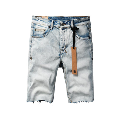 Men Streetwear Denim Shorts Light Blue Washed with Raw Hem and Graphic Patch Back Pocket 2001