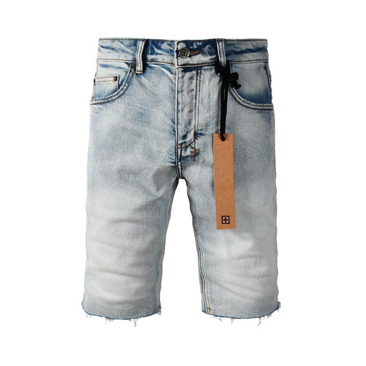 Men Streetwear Denim Shorts Light Blue Washed with Raw Hem and Graphic Patch Back Pocket 2001