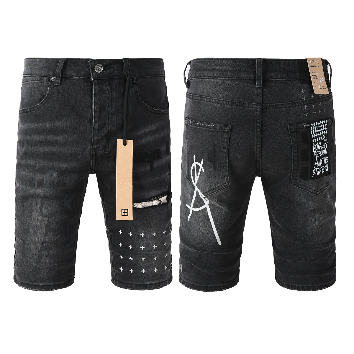 Men Streetwear Denim Shorts Black Washed with Graffiti Print Distressed Knee and Graphic Patch 2006