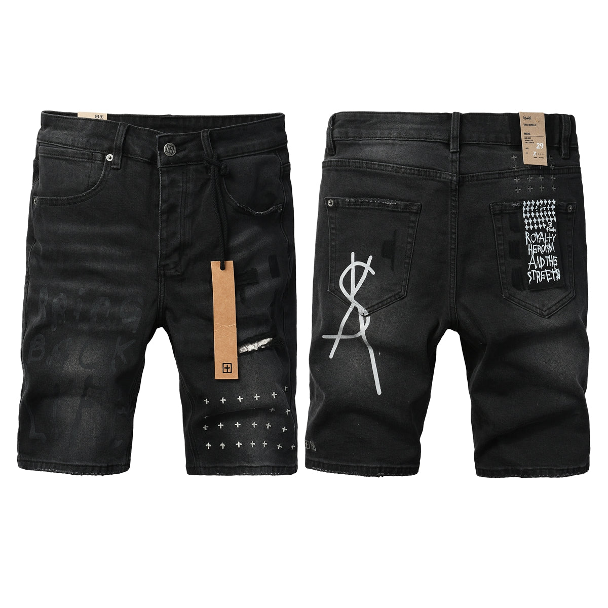 Men Streetwear Denim Shorts Black Washed with Graffiti Print Distressed Knee and Graphic Patch 2006
