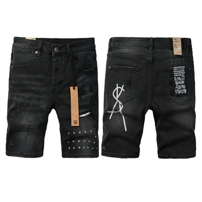 Men Streetwear Denim Shorts Black Washed with Graffiti Print Distressed Knee and Graphic Patch 2006