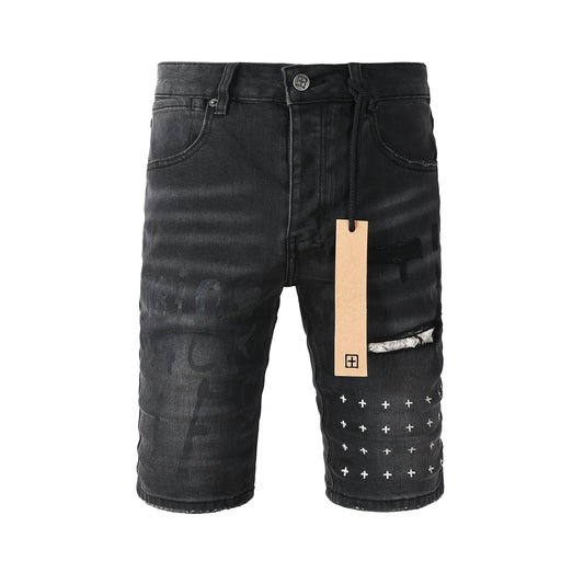 Men Streetwear Denim Shorts Black Washed with Graffiti Print Distressed Knee and Graphic Patch 2006