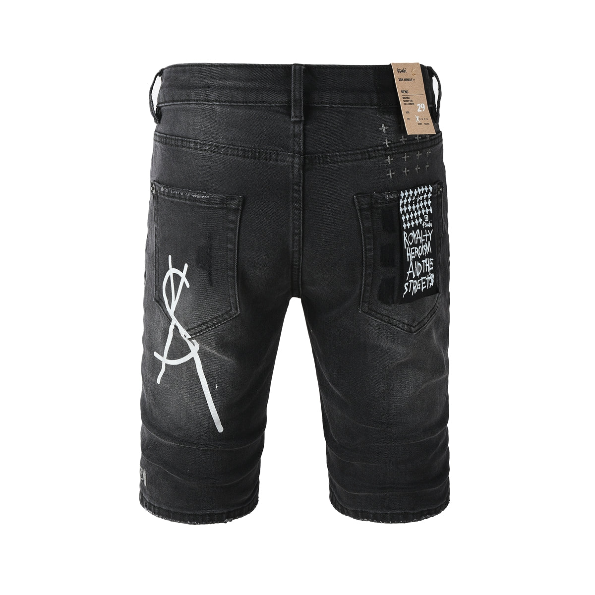 Men Streetwear Denim Shorts Black Washed with Graffiti Print Distressed Knee and Graphic Patch 2006