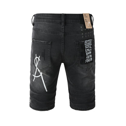 Men Streetwear Denim Shorts Black Washed with Graffiti Print Distressed Knee and Graphic Patch 2006
