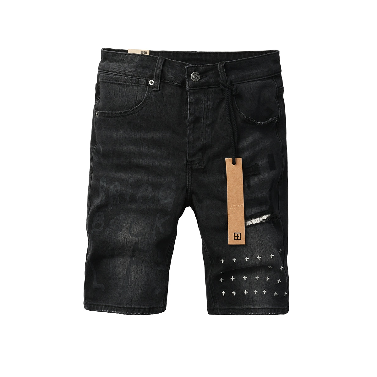 Men Streetwear Denim Shorts Black Washed with Graffiti Print Distressed Knee and Graphic Patch 2006