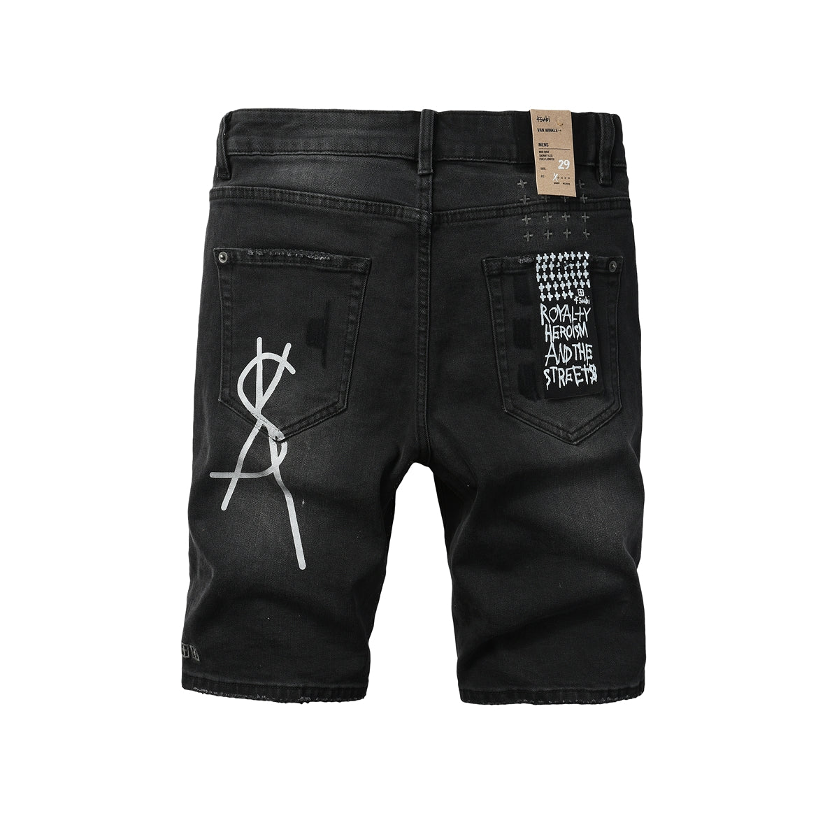 Men Streetwear Denim Shorts Black Washed with Graffiti Print Distressed Knee and Graphic Patch 2006