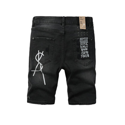 Men Streetwear Denim Shorts Black Washed with Graffiti Print Distressed Knee and Graphic Patch 2006