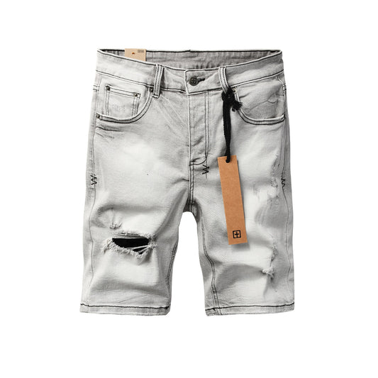 Mens Light Grey Distressed Denim Shorts with Ripped Detail Casual Streetwear Summer Jean Shorts 2011