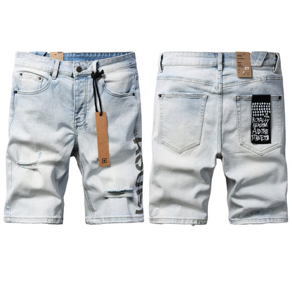 Men’s Light Blue Ripped Denim Shorts – Urban Streetwear Slim Jean Shorts 2012