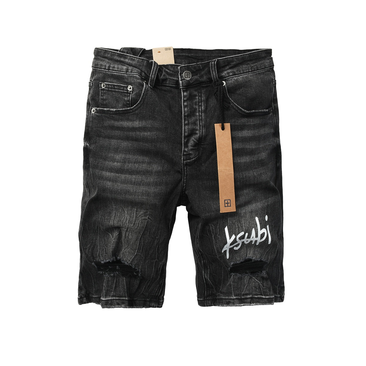 Mens Black Distressed Denim Shorts with Graphic Print Casual Streetwear Summer Jean Shorts 2013
