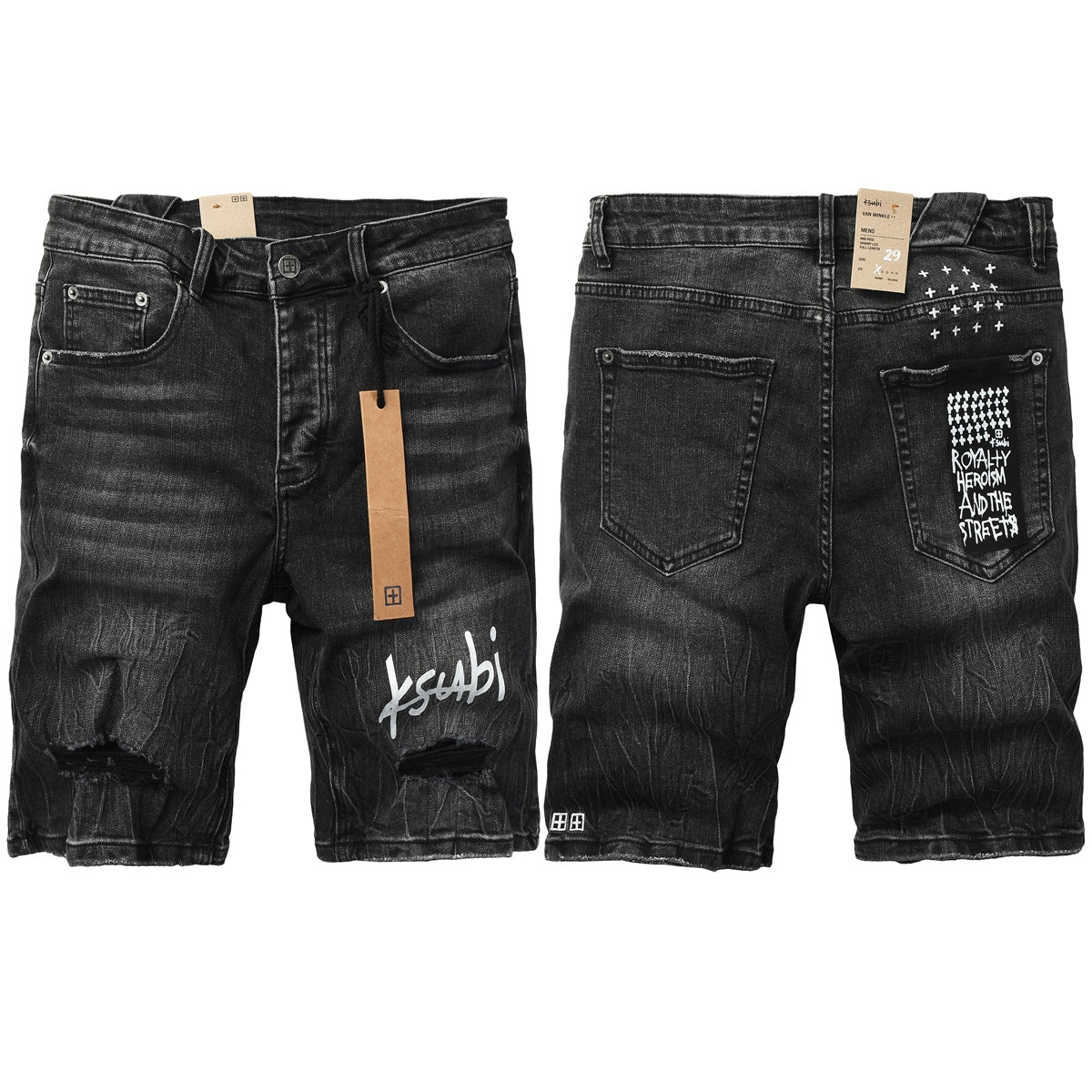 Mens Black Distressed Denim Shorts with Graphic Print Casual Streetwear Summer Jean Shorts 2013