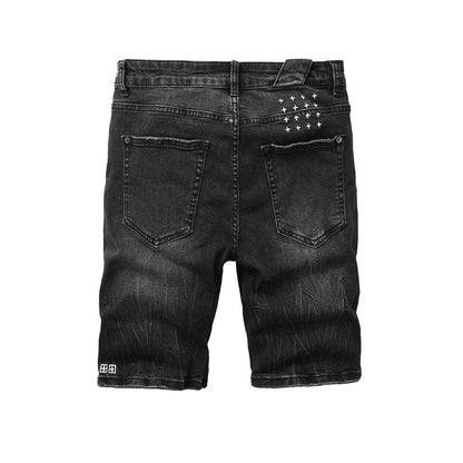 Mens Black Distressed Denim Shorts with Graphic Print Casual Streetwear Summer Jean Shorts 2013