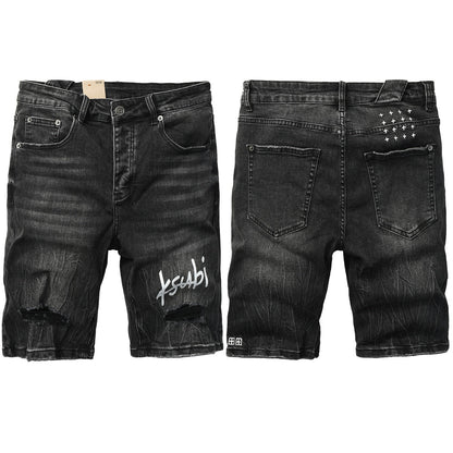 Mens Black Distressed Denim Shorts with Graphic Print Casual Streetwear Summer Jean Shorts 2013