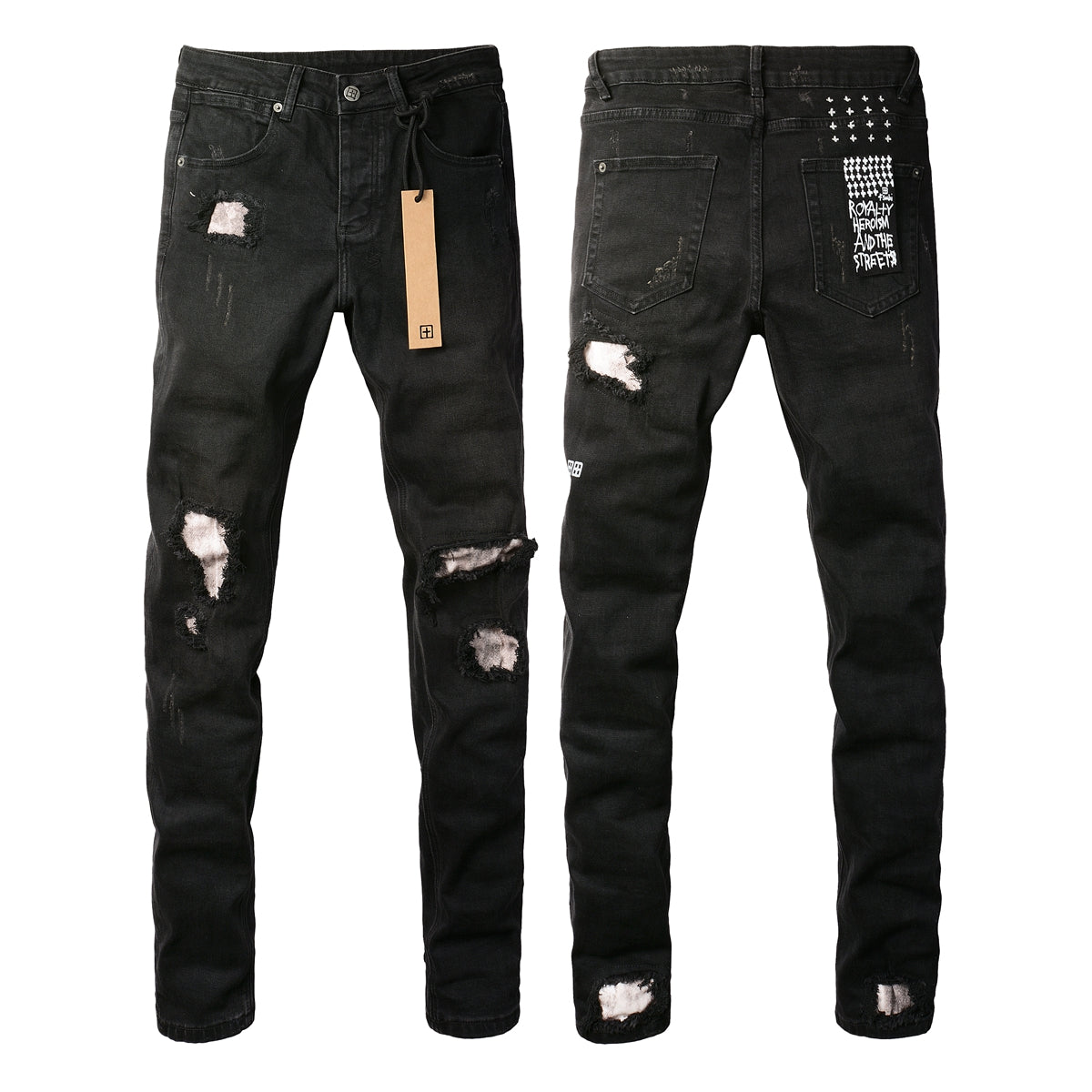 Slim Fit Black Jeans with Multiple Rips and Distressed Finish 3002