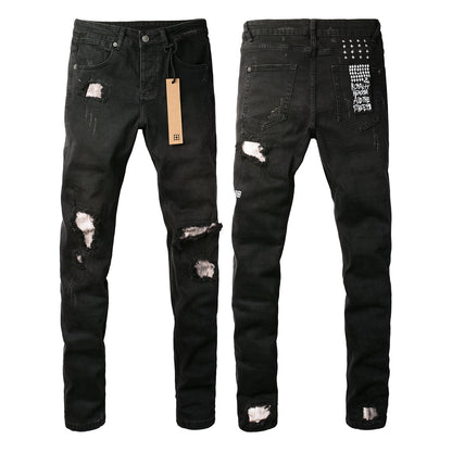 Slim Fit Black Jeans with Multiple Rips and Distressed Finish 3002
