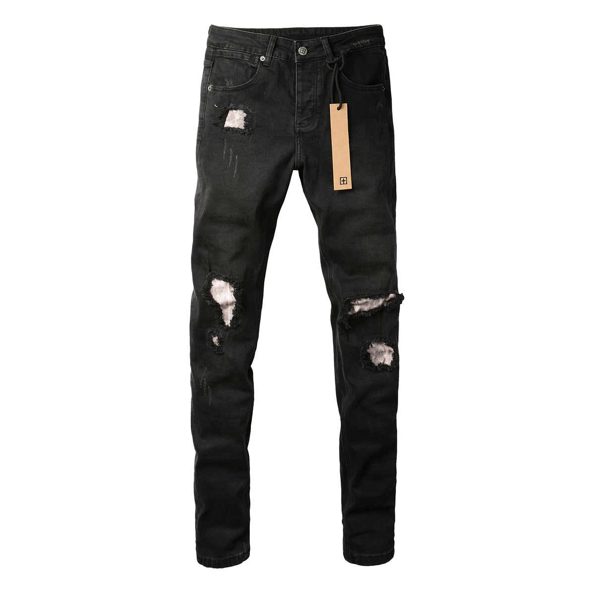 Slim Fit Black Jeans with Multiple Rips and Distressed Finish 3002