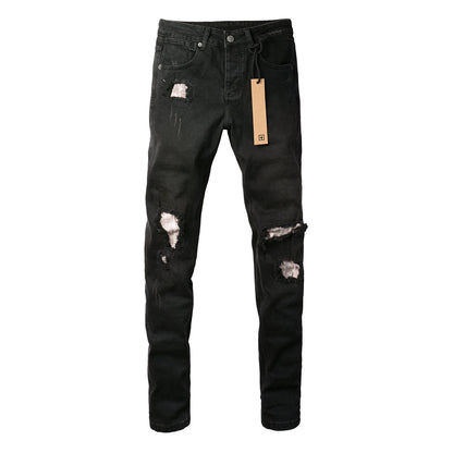 Slim Fit Black Jeans with Multiple Rips and Distressed Finish 3002