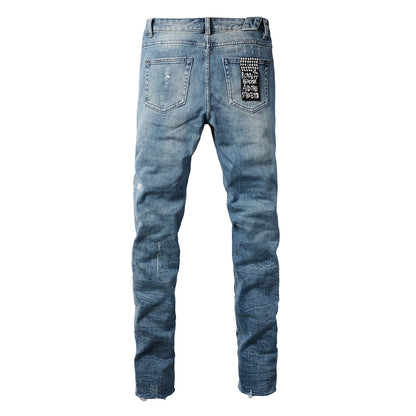 Jean bleu audacieux avec détails déchirés et vieillis 3007
