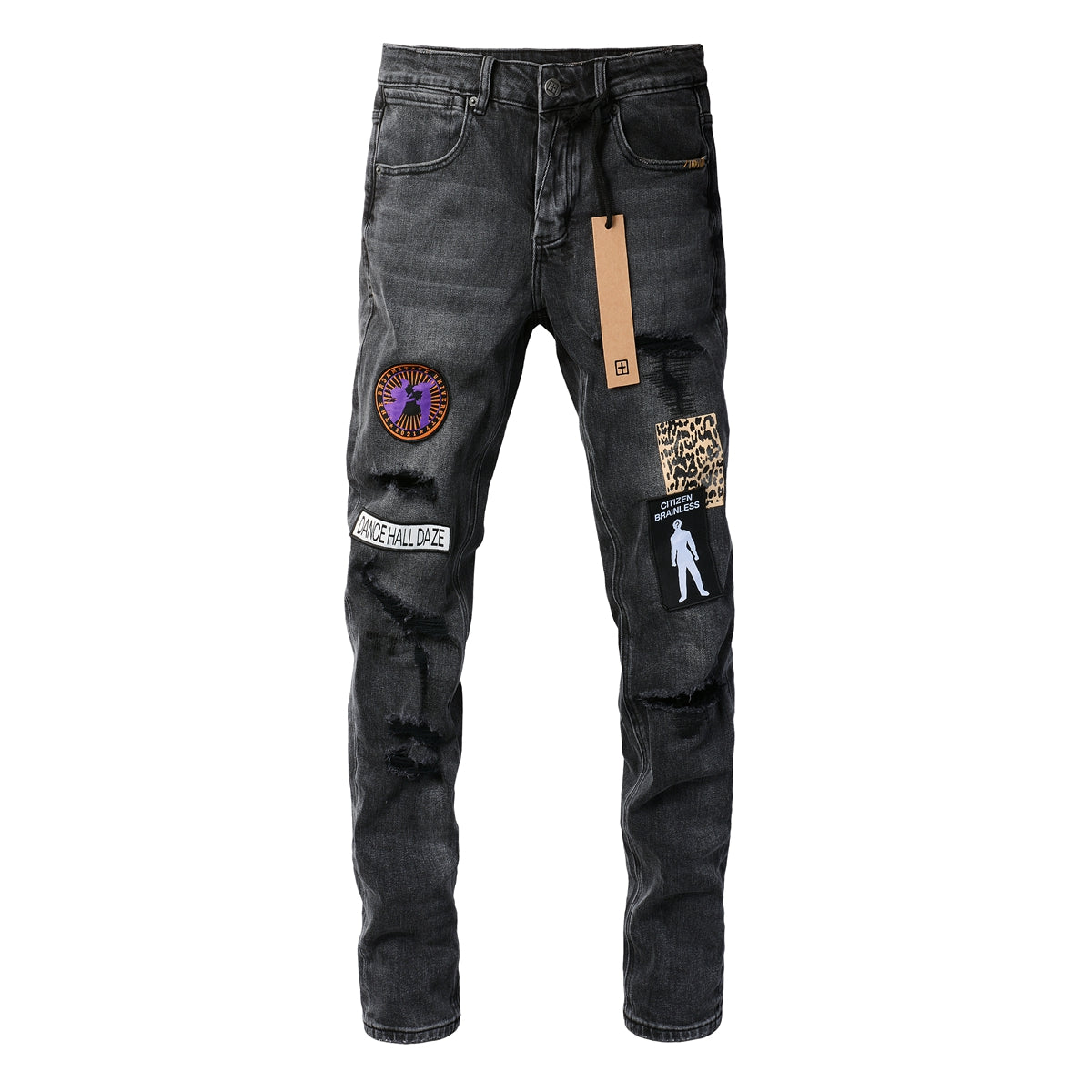 Distressed Black Jeans with Bold Square Patch Details 3021
