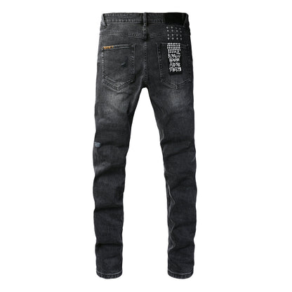 Distressed Black Jeans with Bold Square Patch Details 3021