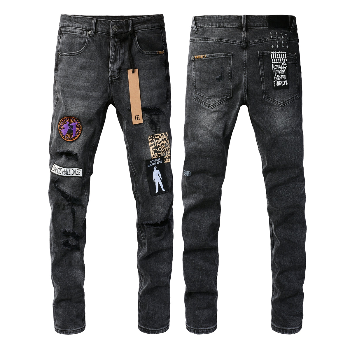 Distressed Black Jeans with Bold Square Patch Details 3021