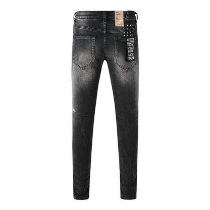 Edgy Streetwear Men’s Black Ripped Jeans with Graphic Back Print and Natural Fade Effect for Everyday Looks 3035