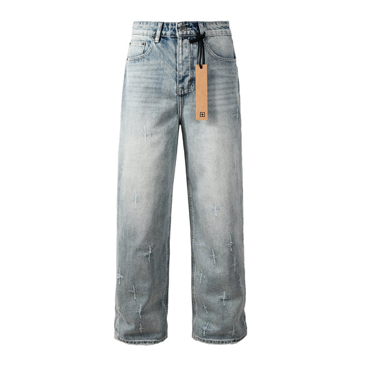 Men Streetwear Jeans Light Blue Washed with Cross Stitch Detail and Graphic Back Pocket Patch 3042