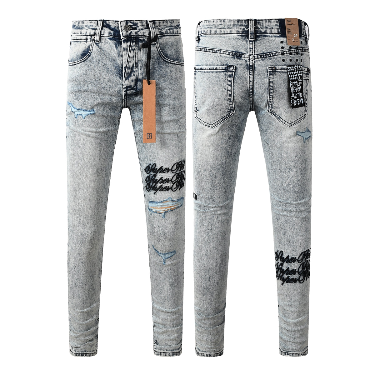Men’s Edgy Light Washed Skinny Jeans with Distressed Details and Scripted Back Patch Print 3046