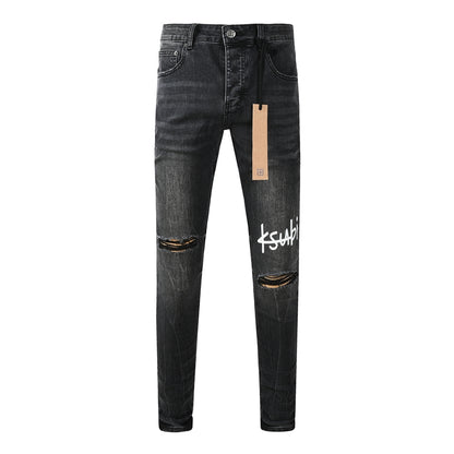 Men's Distressed Black Washed Jeans Slim Fit Stretch Denim Pants Streetwear Letter Print Ripped Skinny Jeans 3050