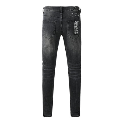 Men's Distressed Black Washed Jeans Slim Fit Stretch Denim Pants Streetwear Letter Print Ripped Skinny Jeans 3050