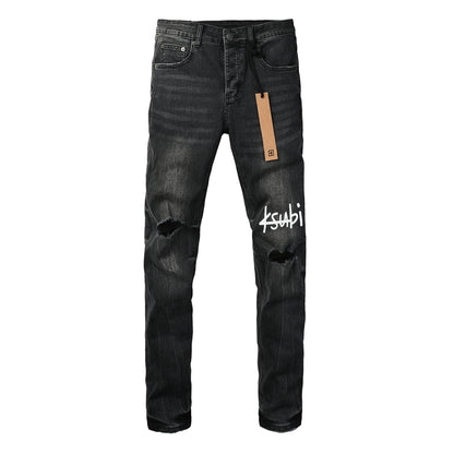 Men's Distressed Black Washed Jeans Slim Fit Stretch Denim Pants Streetwear Letter Print Ripped Skinny Jeans 3050