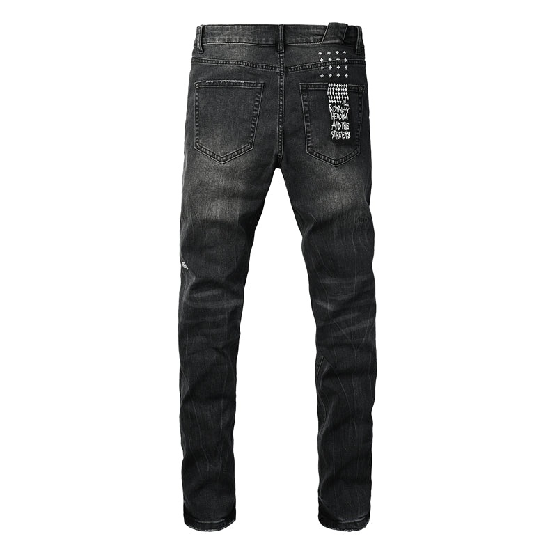 Men's Distressed Black Washed Jeans Slim Fit Stretch Denim Pants Streetwear Letter Print Ripped Skinny Jeans 3050