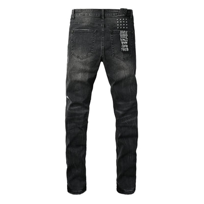 Men's Distressed Black Washed Jeans Slim Fit Stretch Denim Pants Streetwear Letter Print Ripped Skinny Jeans 3050
