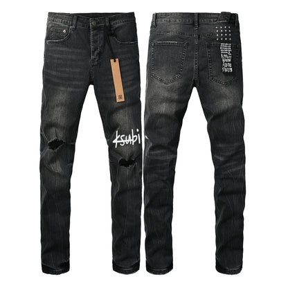 Men's Distressed Black Washed Jeans Slim Fit Stretch Denim Pants Streetwear Letter Print Ripped Skinny Jeans 3050