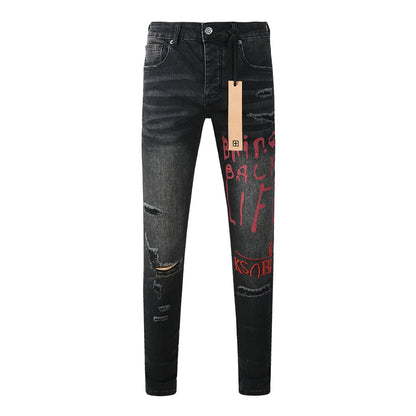 Men's Black Distressed Jeans Graffiti Letter Print Slim Fit Stretch Denim Pants Streetwear Ripped Skinny Jeans 3053