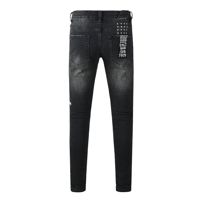 Men's Black Distressed Jeans Graffiti Letter Print Slim Fit Stretch Denim Pants Streetwear Ripped Skinny Jeans 3053