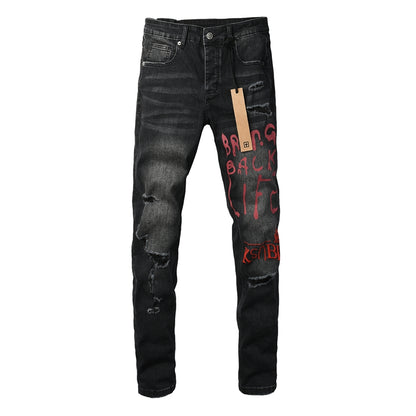 Men's Black Distressed Jeans Graffiti Letter Print Slim Fit Stretch Denim Pants Streetwear Ripped Skinny Jeans 3053