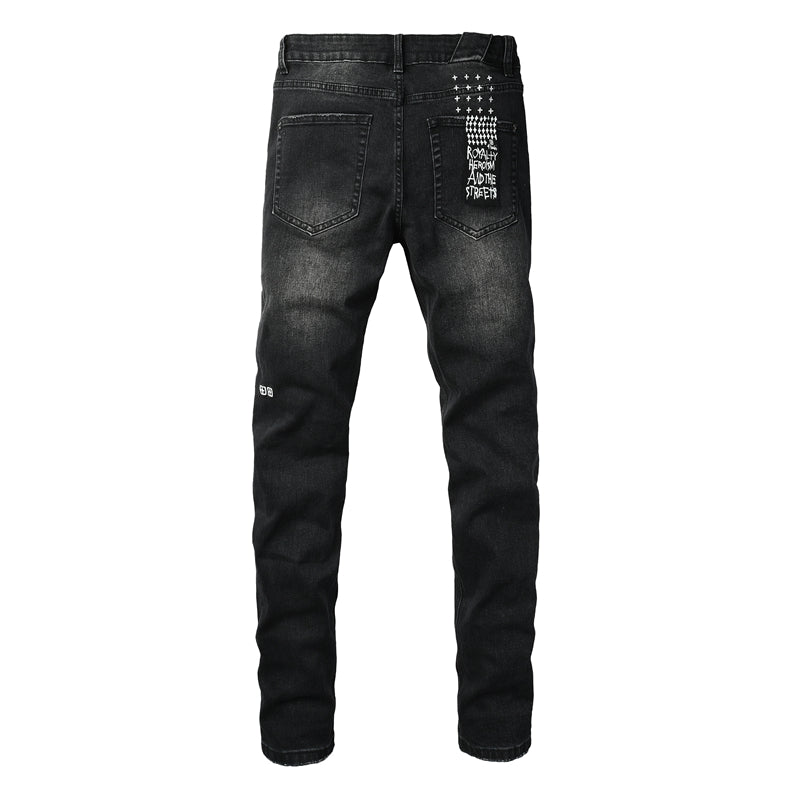 Men's Black Distressed Jeans Graffiti Letter Print Slim Fit Stretch Denim Pants Streetwear Ripped Skinny Jeans 3053