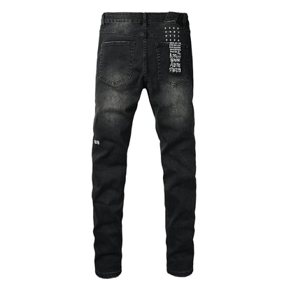 Men's Black Distressed Jeans Graffiti Letter Print Slim Fit Stretch Denim Pants Streetwear Ripped Skinny Jeans 3053