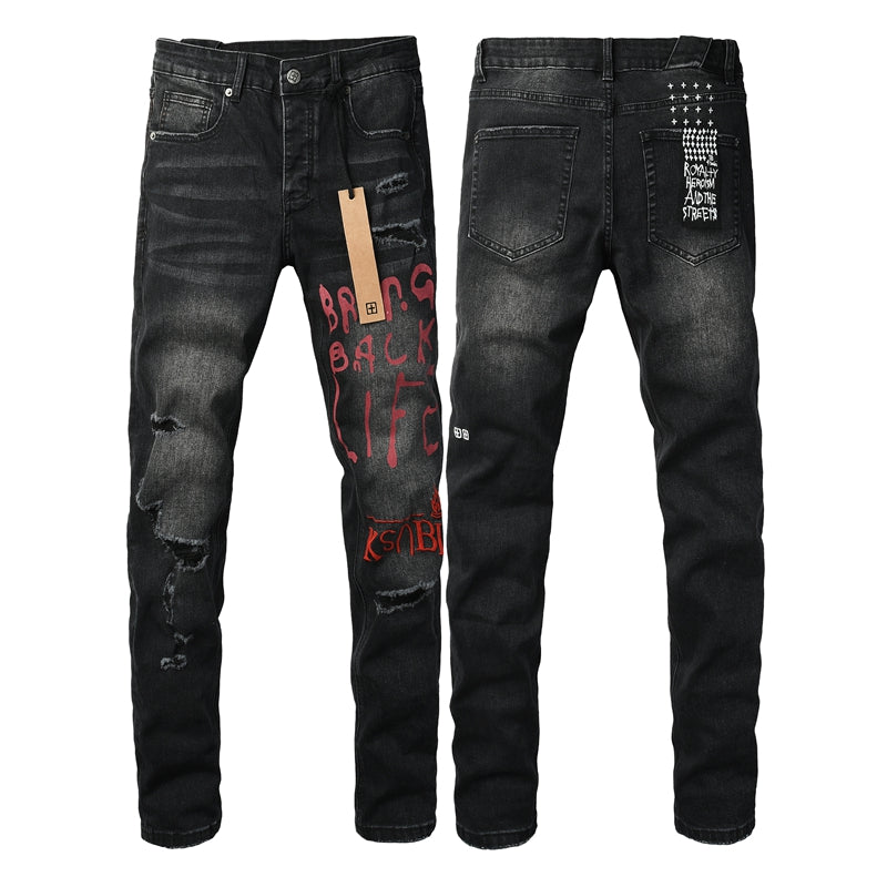 Men's Black Distressed Jeans Graffiti Letter Print Slim Fit Stretch Denim Pants Streetwear Ripped Skinny Jeans 3053