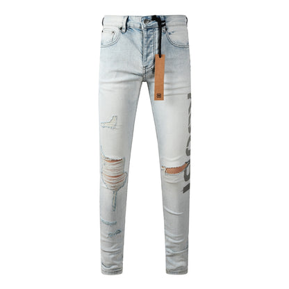 Men's Vintage Light Blue Denim Jeans Destroyed Ripped Slim Fit Fashion Street Style Long Pants 3054