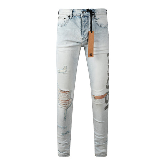 Men's Vintage Light Blue Denim Jeans Destroyed Ripped Slim Fit Fashion Street Style Long Pants 3054