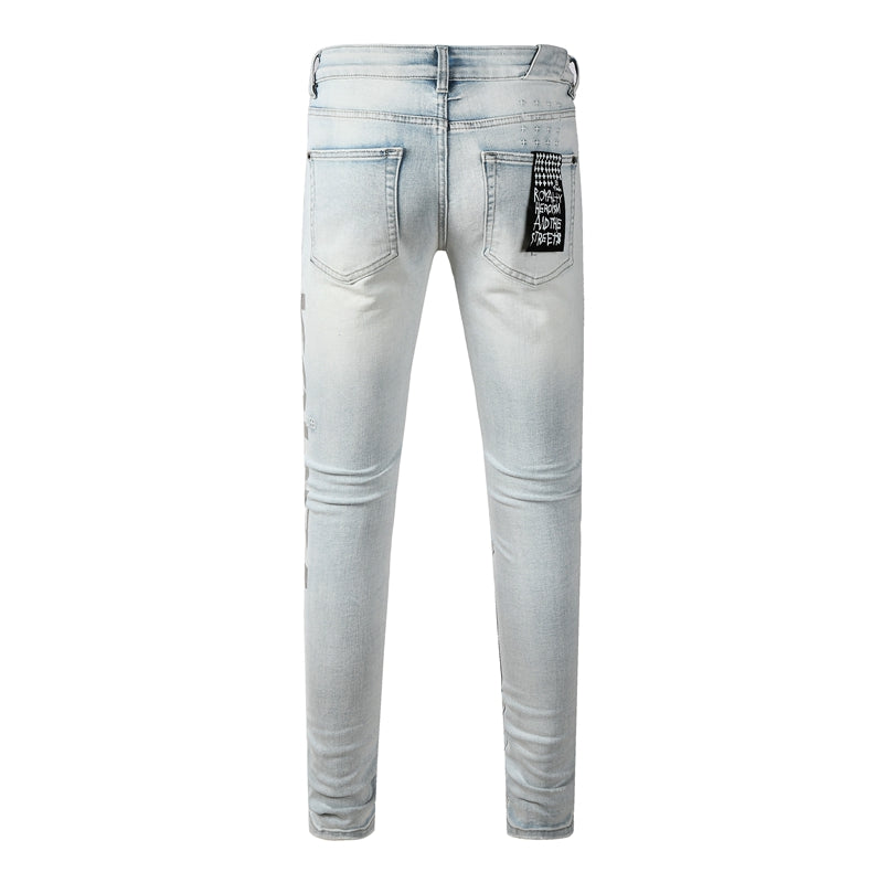 Men's Vintage Light Blue Denim Jeans Destroyed Ripped Slim Fit Fashion Street Style Long Pants 3054
