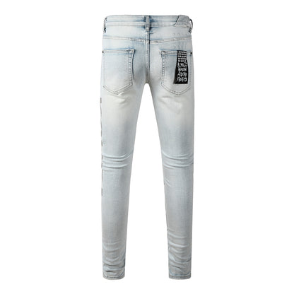 Men's Vintage Light Blue Denim Jeans Destroyed Ripped Slim Fit Fashion Street Style Long Pants 3054