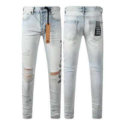 Men's Vintage Light Blue Denim Jeans Destroyed Ripped Slim Fit Fashion Street Style Long Pants 3054