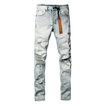 Men's Vintage Light Blue Denim Jeans Destroyed Ripped Slim Fit Fashion Street Style Long Pants 3054