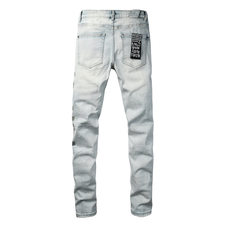 Men's Vintage Light Blue Denim Jeans Destroyed Ripped Slim Fit Fashion Street Style Long Pants 3054