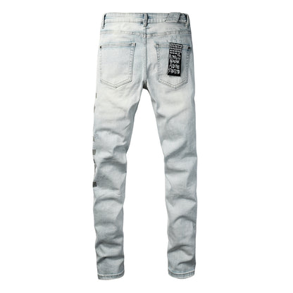 Men's Vintage Light Blue Denim Jeans Destroyed Ripped Slim Fit Fashion Street Style Long Pants 3054